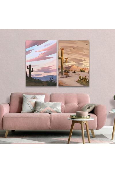 4gdran Desert Design Double Panel Canvas Painting with Hollow Gold Frame