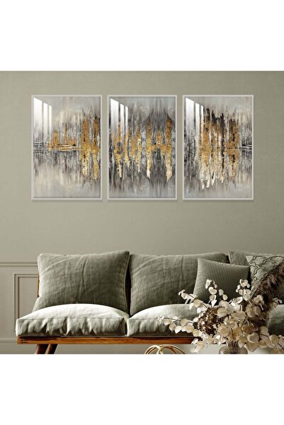 Marktna ثلاث لوحات جدارية خشبية بتصميم تجريدي مع برواز خشبي فضي و طبقة من الا...