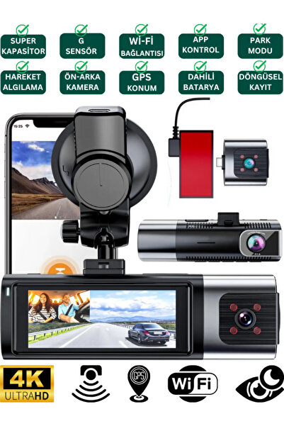 SONREİR K17 4K UHD WiFi GPS Araç İçi Kamera 128GB Dahil IR Gece Görüş, Çift L...