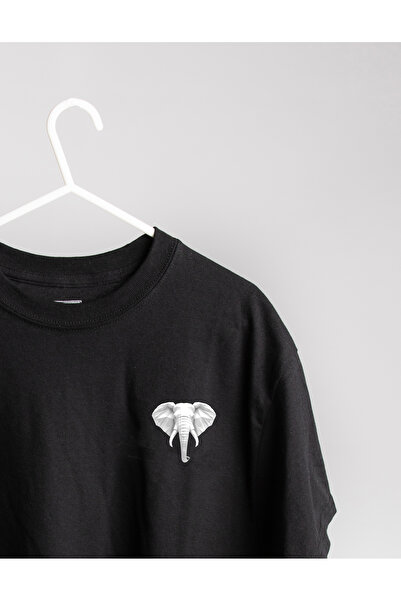 podyum baskı Geometric Elephant Pattern Design Printed 100% Cotton Crew Neck Black-White T-Shirt