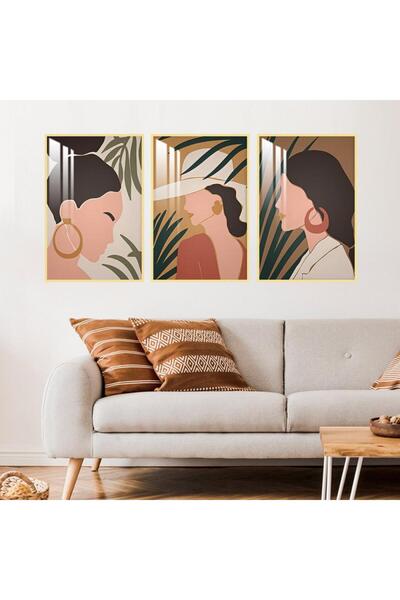 SND ثلاث لوحات جدارية خشبية بتصميم فتاة مع برواز خشبي ذهبي و طبقة من الاكريلك...