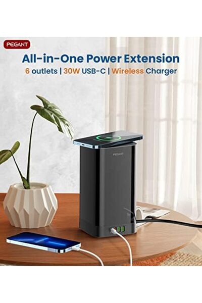 Generic PEGANT 3-in-1 USB-C Tower Power Extension Lead With 15W Wireless Charger, 4 USB Ports, Elegant Cord