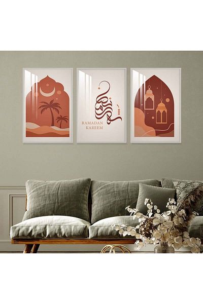 Marktna Three wooden wall panels with an Islamic design for the month of Ramadan with a silver wooden frame and a clear acrylic layer