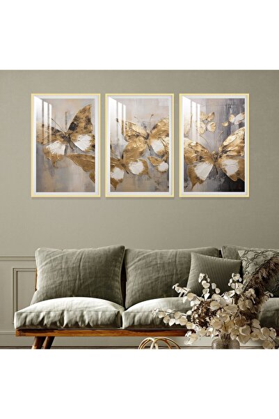 Marktna ثلاث لوحات جدارية خشبية مع برواز خشبي ذهبي و طبقة من الاكريلك الشفاف