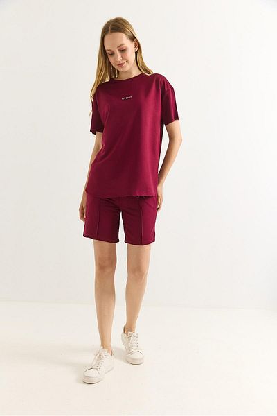 Raneel Kazançlı Alışveriş Printed Soft Textured Shorts Double Tracksuit Set Claret Red