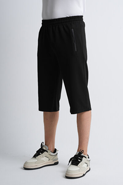 Shooter Sportswear Erkek Yazlık Kapri Klasik Siyah Fermuarlı Cep Lastikli Ayarlanabilir Bel Rahat Kalıp Uzun Şort