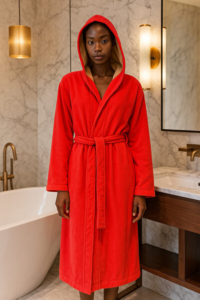 LaraLisa Collection Μπουρνούζι μπάνιου με κουκούλα, ζώνη στη μέση, 100% βαμβάκι εσωτερικά, μπεζ εξωτερικά, φούξια