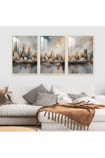 Marktna ثلاث لوحات جدارية خشبية بتصميم الفن البوهيمي مع برواز خشبي ذهبي و طبق...