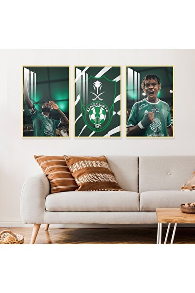 Marktna ثلاث لوحات جدارية خشبية بتصميم رياضي لنادي الأهلي مع برواز خشبي ذهبي ...