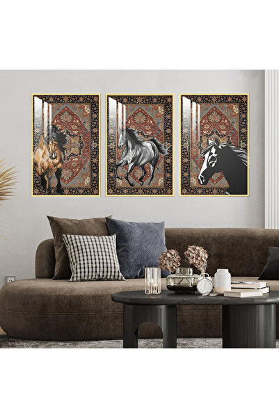 Marktna ثلاث لوحات جدارية خشبية بتصميم حصان مع برواز خشبي ذهبي و طبقة من الاك...