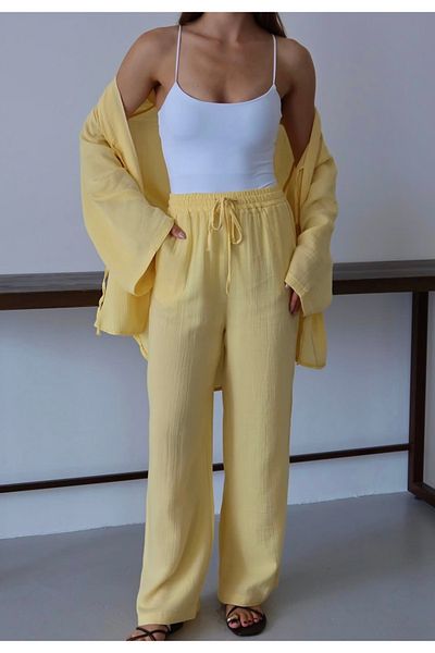 Elysira Women's Drawstring Waist High Waist Linen Look Palazzo Pants