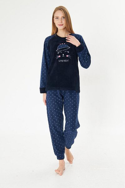 Pajama Shop Women's Navy Blue Cat Pattern Well Soft Soft Textured Winter Long Sleeve Fleece Pajamas Set