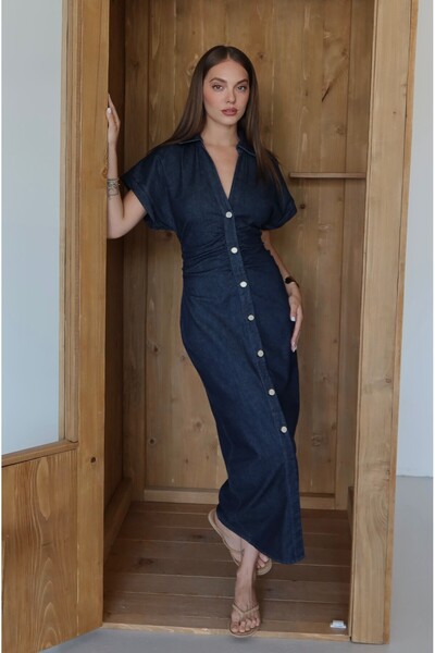 Laluvia Navy Blue Button Detailed Dress - 8198