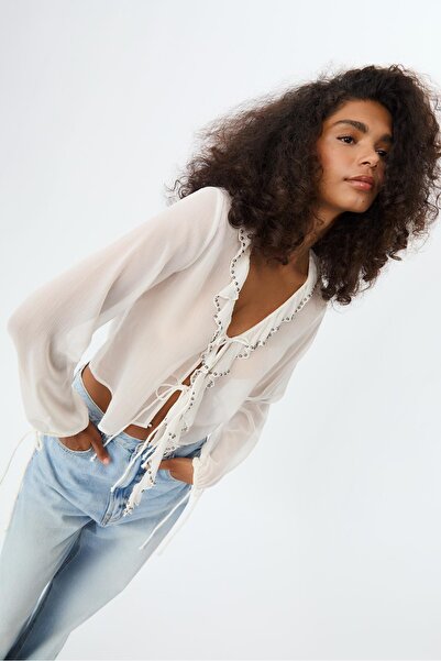 Stradivarius Ruffled blouse with beaded embroidery