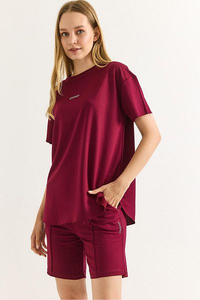 Raneel Kazançlı Alışveriş Printed Soft Textured Shorts Double Tracksuit Set Claret Red