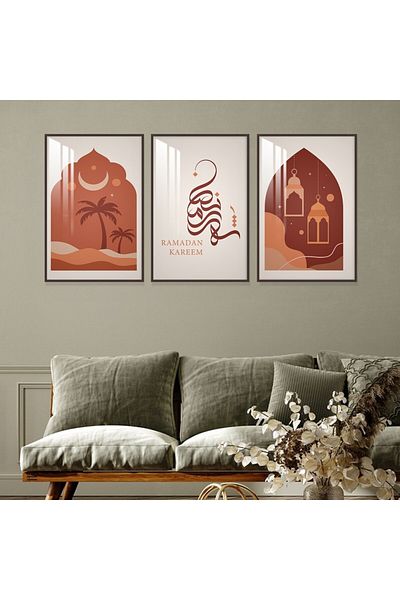 Marktna Three wooden wall panels with an Islamic design for the month of Ramadan with a brown wooden frame and a clear acrylic layer.
