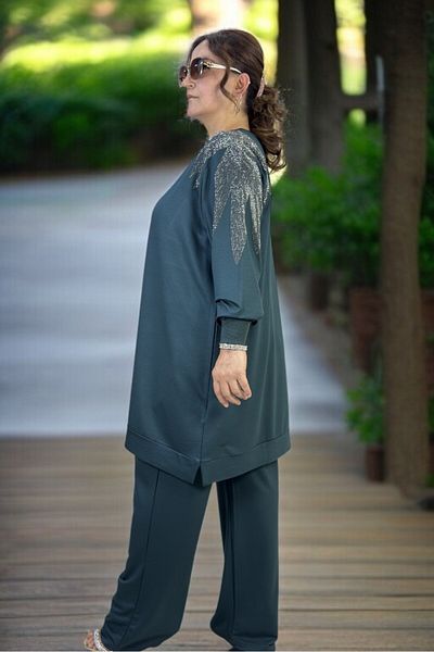 yagmurberen CRYSTAL 2 THREAD LYCRAL FABRIC STONE EMBROIDERY DETAIL EXTRA LARGE SIZE TUNIC PANTS DOUBLE SET