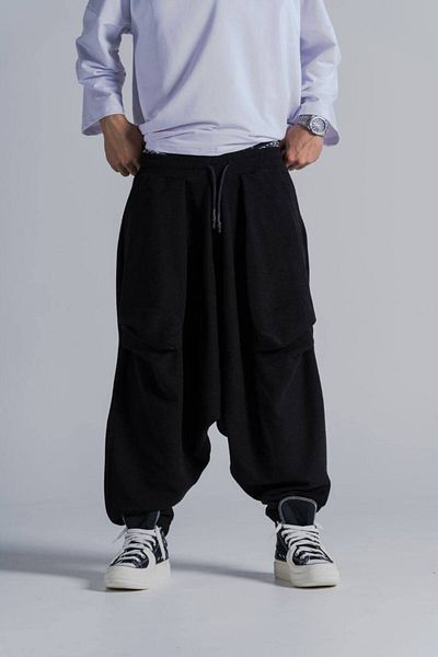 SUPERBLUE Men's Elastic Waist Loose Black Balloon Baggy Trousers