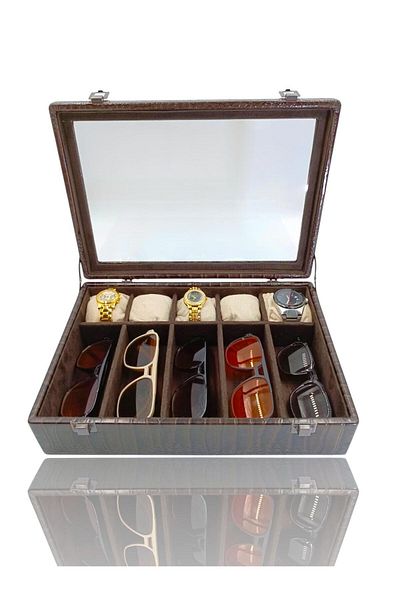 DİJİTAL ÇARŞI MAĞAZACILIK Diji 5 Glasses 5 Watch Box Watch and Glasses Bag Crocodile Brown Inside Brown Cream Cushioned