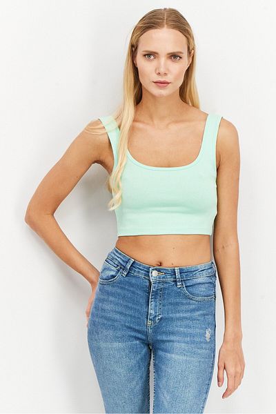 Sinsay Women Square Neck Sleeveless Textured Crop Top, Green