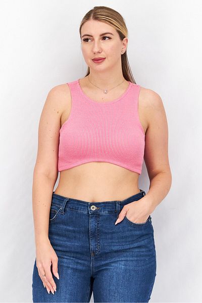 Sinsay Women Round Neck Sleeveless Ribbed Crop Top, Pink