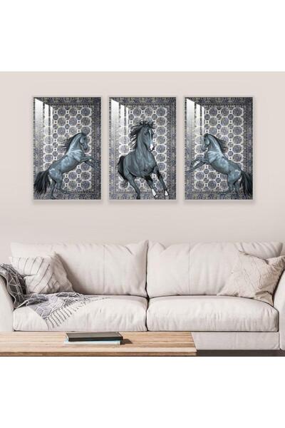 SND ثلاث لوحات جدارية خشبية بتصميم حصان مع برواز خشبي فضي و طبقة من الاكريلك ...