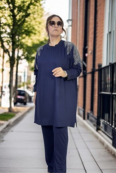 yagmurberen CRYSTAL 2 THREAD LYCRAL FABRIC STONE EMBROIDERY DETAIL EXTRA LARGE SIZE TUNIC PANTS DOUBLE SET