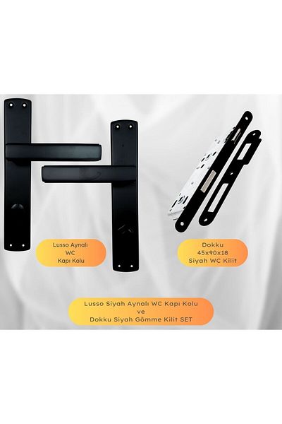 almital mobilya aksesuarları furniture accessories Wc Door Handle and Lock Set, Lusso Black Mirrored Wc Door Handle and 45X18Mm Black Wc Flush Lock Set