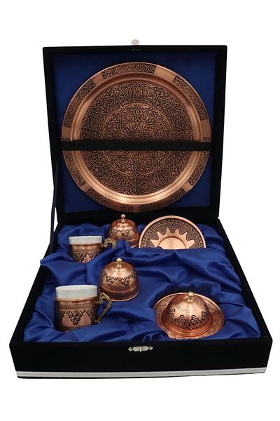 Okya Home Luxury Handmade Turkish Copper Coffee Set – 6 Pieces with Velvet Gift Box