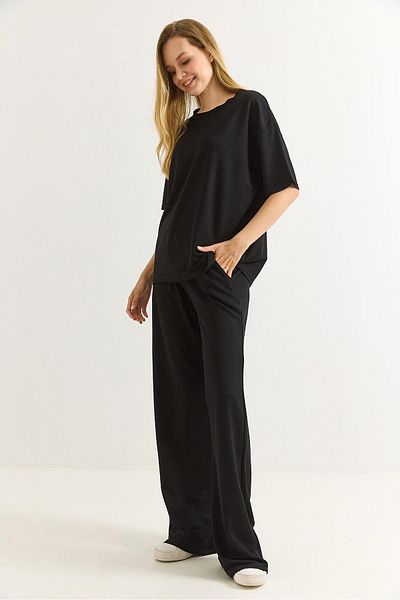 Raneel Kazançlı Alışveriş Comfortable Fit Crystal Knitted Tracksuit Set Black