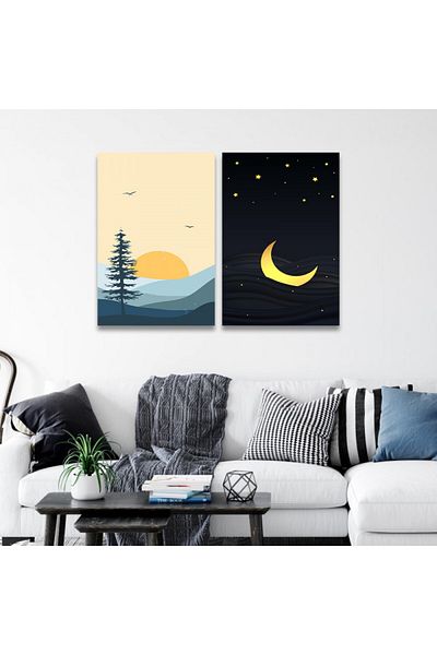 4gdran Moon Design Double Canvas Painting with Hidden Wooden Frame