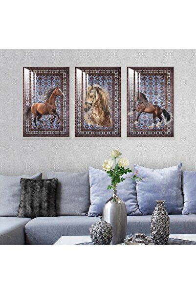 SND ثلاث لوحات جدارية خشبية بتصميم حصان مع برواز خشبي فضي و طبقة من الاكريلك ...