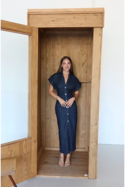 Laluvia Navy Blue Button Detailed Dress - 8198