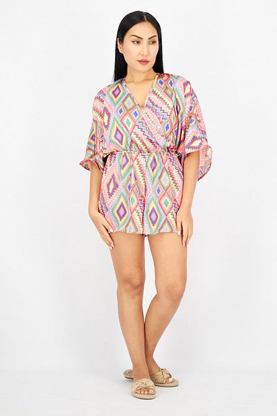 Sinsay Women Geometric Print Sleeveless Playsuit, Pink Combo