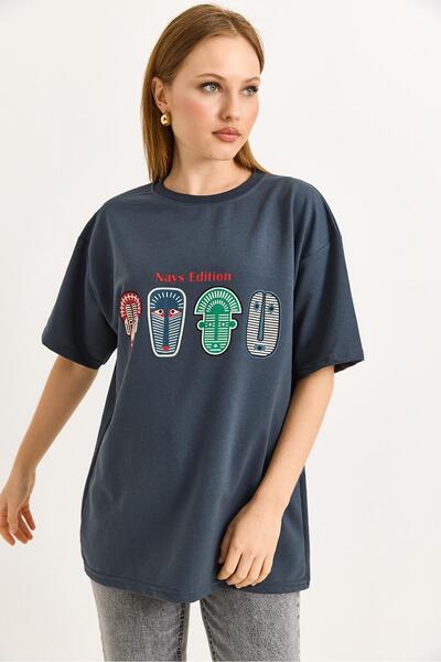 Raneel Kazançlı Alışveriş Printed Oversize Tshirt Smoked