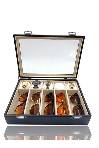 DİJİTAL ÇARŞI MAĞAZACILIK Diji 5 Glasses 5 Watch Box Watch and Glasses Bag Black Inside Cream White Padded