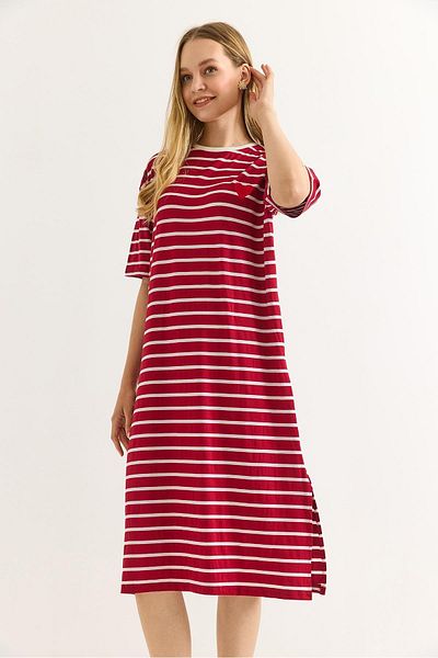 Raneel Kazançlı Alışveriş Crew Neck Short Sleeve Relaxed Cut Dress Burgundy