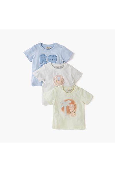Juniors Animal Print Crew Neck T-shirt with Short Sleeves and Button Closure - Set of 3
