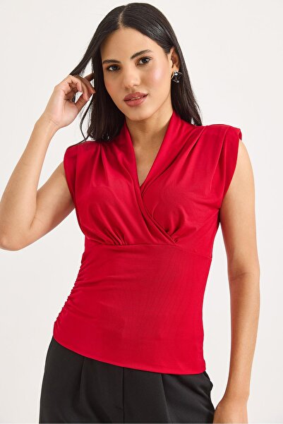 Raneel Kazançlı Alışveriş Double Breasted Collar Padded Zero Sleeve Blouse Red