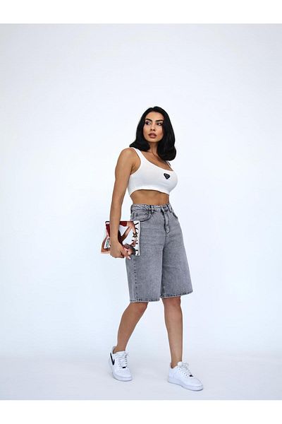 Zeo Basic Women's Midi Length Gray Lycra Denim Shorts