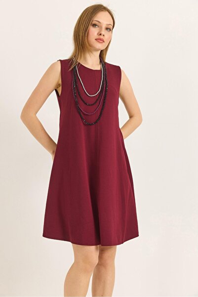 Raneel Kazançlı Alışveriş Crew Neck Front Stitched Mini Knitted Dress Burgundy
