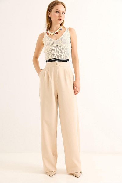 Raneel Kazançlı Alışveriş Wide Leg Belt Garnished Palazzo Trousers Beige