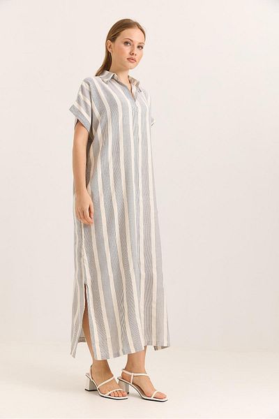 Raneel Kazançlı Alışveriş Polo Neck Shiny Two Side Slit Bat Sleeve Oversize Woven Linen Dress