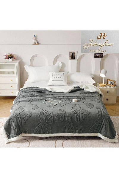 FIONNA.RO Cocolino White Furry Blanket 3D Butterflies - Gray