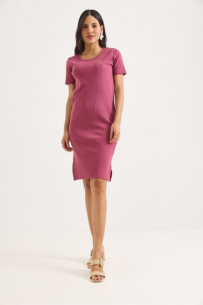 Raneel Kazançlı Alışveriş Short Sleeve Crew Neck Slit Detailed Midi Dress Cherry