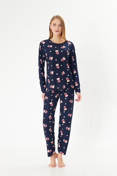 Pajama Shop Women's Cotton Suede Navy Blue Teddy Bear Heart Pattern Long Sleeve Crew Neck Winter Pajama Set