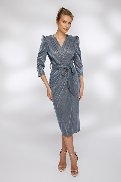 Atmosphere Fashion Rochie midi argintie cu sclipici și șnur de strângere