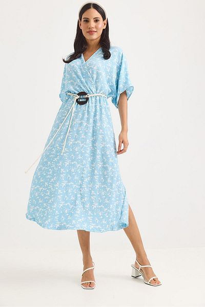 Raneel Kazançlı Alışveriş Belt Detailed Elastic Waist Slit Flared Dress Blue
