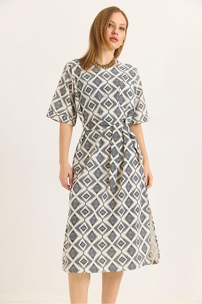 Raneel Kazançlı Alışveriş Ccepli Belt Detailed Slit Woven Linen Dress Gray