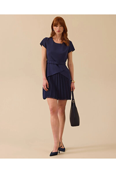 SEÇİL Pile Detaylı Kemerli Kısa Kollu Elbise